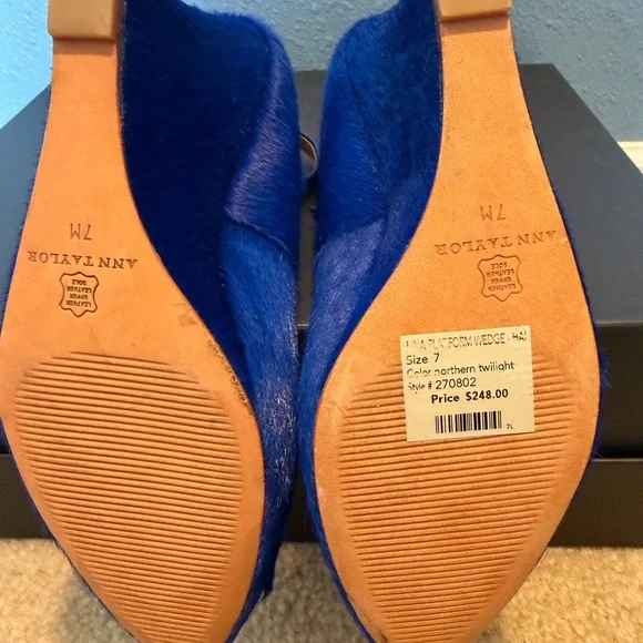 Ann Taylor Platform Wedge Heels Blue Haircalf Leather Ankle Strap Buckle 7M - Picture 9 of 10